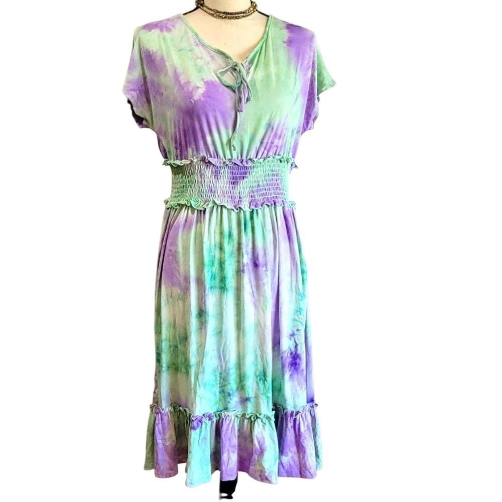 Tie Dye Boho Modi Dress with Ruffle Hem Easter Colors Cute Casual Feminine